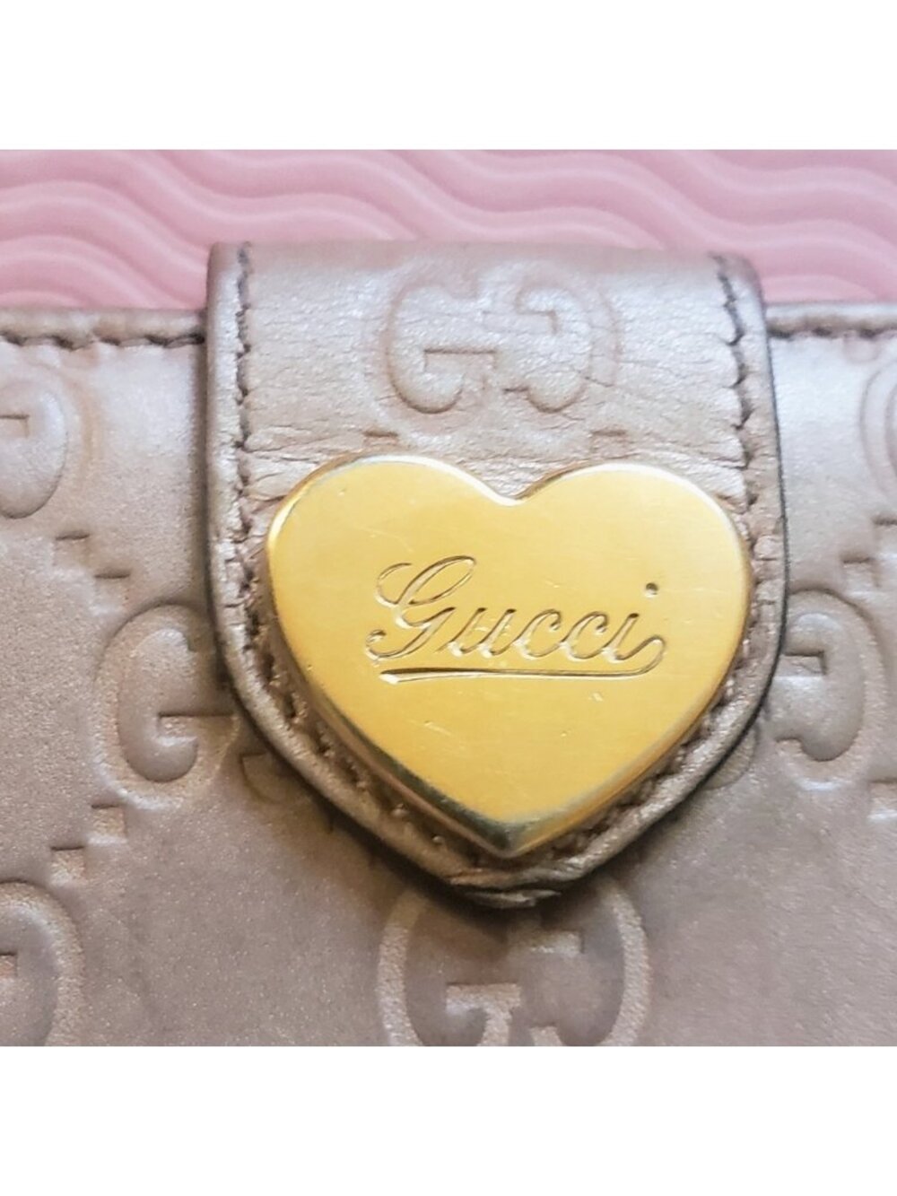 Gucci Guccissima Metallic Gold GG Leather Heart Snap Continental Long Wallet COA - Picture 8 of 16